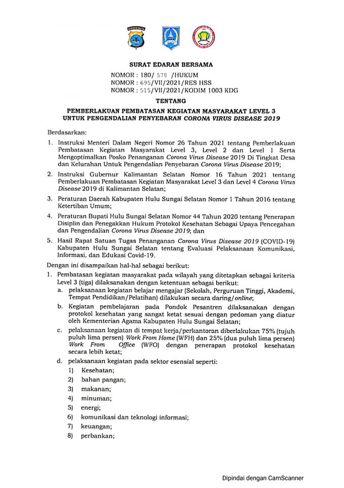 Surat Edaran Bersama tentang PPKM Level 3