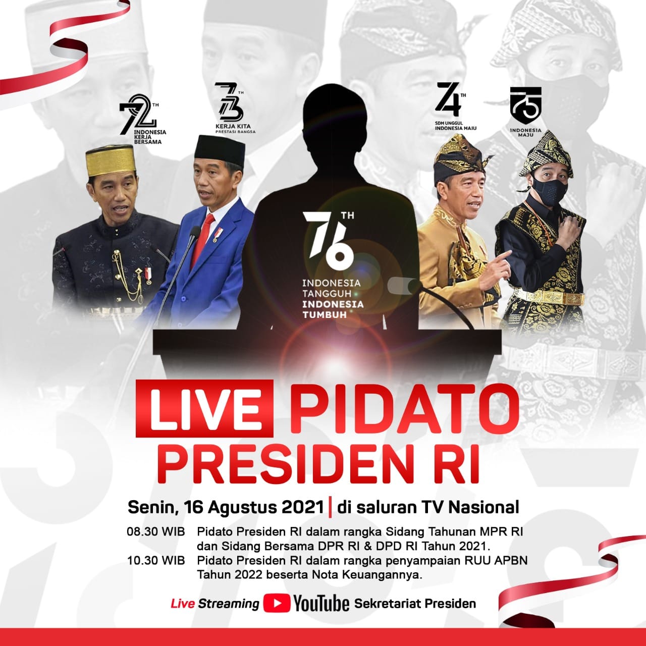 Assalamualaikum Warahmatullahi Wabarakatuh .. Selamat malam, Sobat Kominfo HSS semua .. Esok, Bapak Presiden Jokowi akan menyampaikan pesan ke seluruh anak bangsa dalam Pidato Presiden 2021. Catat jamnya ya Sobat :  Jam 8.30 WIB Pidato Presiden Republik Indonesia pada Sidang Tahunan MPR dan Sidang bersama DPD & DPR Jam 10.30 WIB Pidato Presiden Pengantar atas RAPBN Tahun 2021. Selamat menyimak ya  Terimakasih