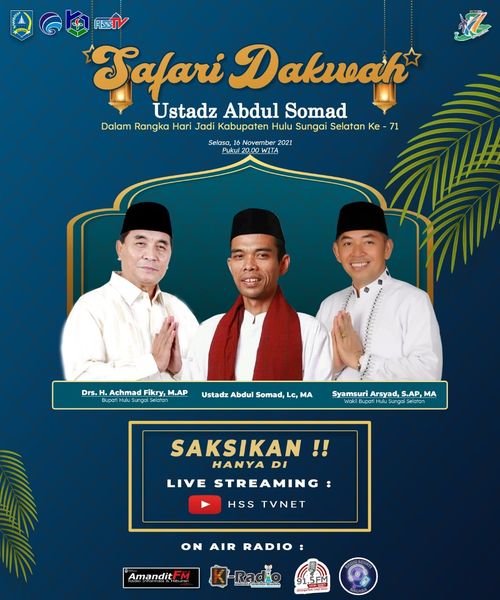 Jangan lewatkan Safari Dakwah Ustadz Abdul Somad malam ini pukul 20.00 WITA live di YouTube HSS TVnet serta TV Kabel Buah Hati dan PT. Tibung Raya Multimedia? Juga bisa didengarkan di radio-radio kesayangan buhan pian ??