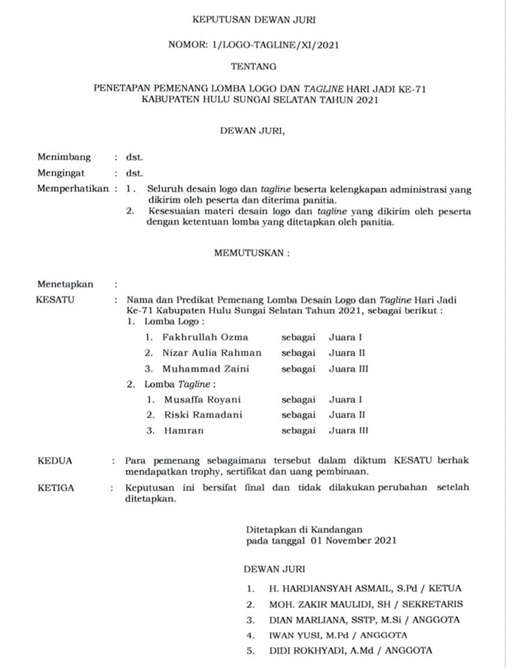 Pemenang Lomba Logo dan Tagline Hari Jadi Ke-71 Kabupaten Hulu Sungai Selatan Tahun 2021
