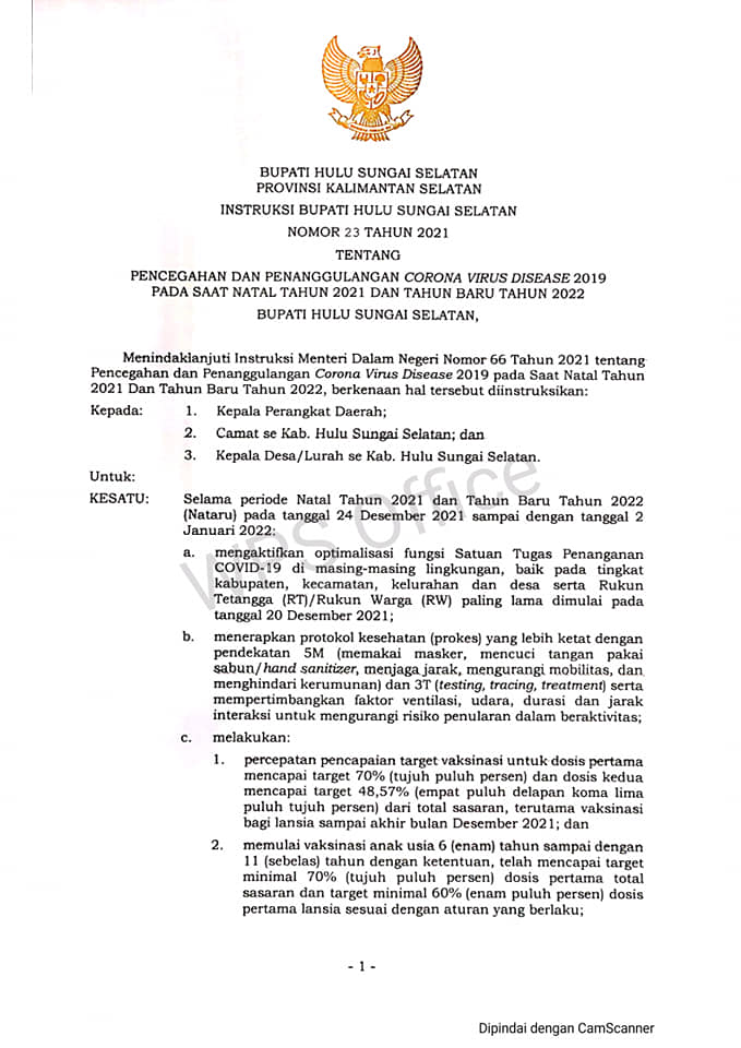 Instruksi Bupati Hulu Sungai Selatan No 23 Tahun 2021  Pencegahan dan Penanggulangan Covid-19 Pada Saat Natal dan Tahun Baru