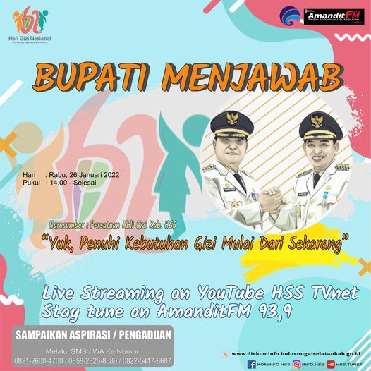 Dalam rangka memperingati Hari Gizi Nasional 2022, Program Bupati Menjawab pukul 14:00 siang ini akan kedatangan narasumber dari Persatuan Ahli Gizi Kab. HSS lho! Jangan sampai terlewatkan yaa ?? hanya di YouTube HSS TVnet dan AmanditFm