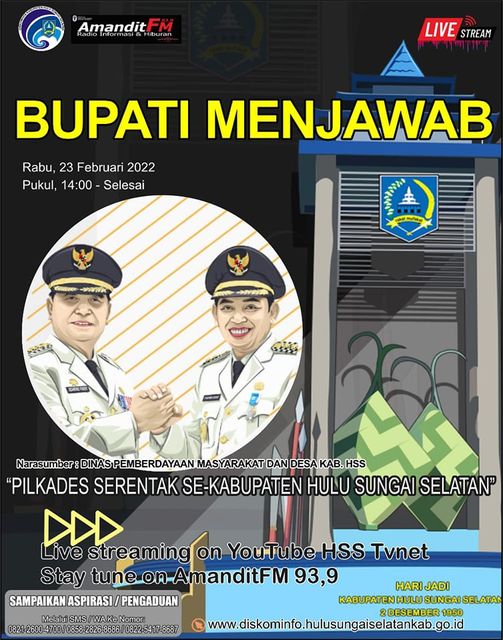 Assalamu’alaikum SanaKominfo… Jangan lewatkan program kesayangan kita Bupati Menjawab pukul 14:00 siang ini ya! Kita akan kedatangan narasumber dari Dinas Pmd Kab Hss lho ?