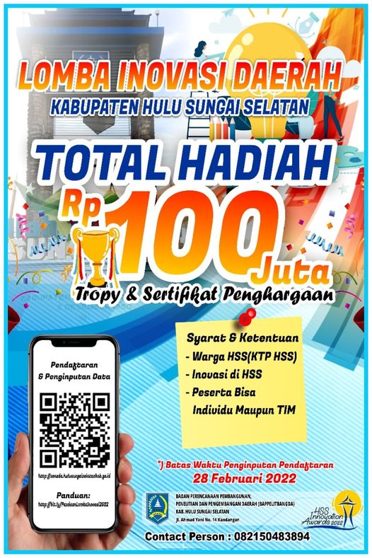 Mari ikuti Lomba Inovasi Daerah Kabupaten Hulu Sungai Selatan Total hadiah sampai dengan Rp 100jt lhoo! Dapat Trophy dan Sertifikat Penghargaan juga tentunya ? Batas waktu pendaftaran tanggal 28 Februari 2022 yaa! Pendaftaran : senada.hulusungaiselatankab.go.id Panduan : bit.ly/PanduanLombaInovasi2022 Info lebih lanjut hubungi 0821 5048 3894