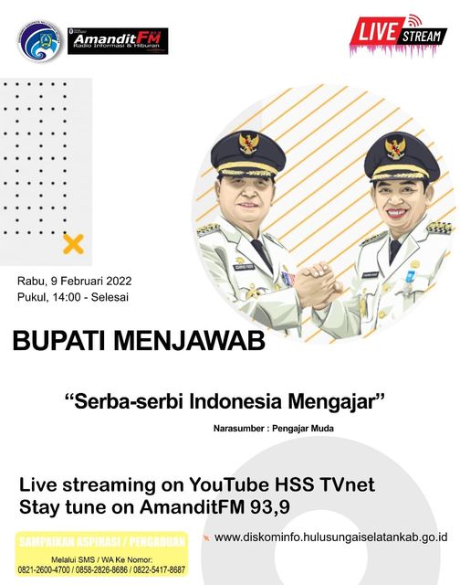 Selamat pagi SanaKominfo! Tidak terasa sudah hari Rabu lagi nih ? Program Bupati Menjawab siang ini akan kedatangan Pengajar Muda dari Gerakan Indonesia Mengajar lhoo! Penasaran kan? Pantengin terus YouTube HSS TVnet yaa ? juga tayang di AmanditFm