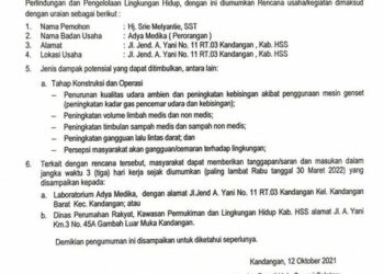 PENGUMUMAN Terkait rencana pembangunan dan operasional Laboratorium Adya Medika yang berlokasi di Jl. Jend. A. Yani No. 11 RT 03 Kandangan, Kabupaten Hulu Sungai Selatan, dengan beberapa dampak yang akan ditimbulkan (tertera pada gambar pengumuman), maka masyarakat dapat memberi tanggapan, masukan, dan saran paling lambat pada 30 Maret 2022 ke alamat yang tertera.