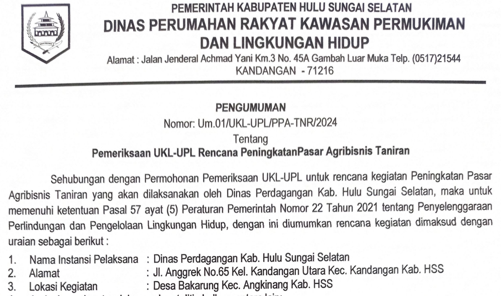 Pemeriksaan UKL-UPL Rencana Peningkatan Pasar Agribisnis Taniran
