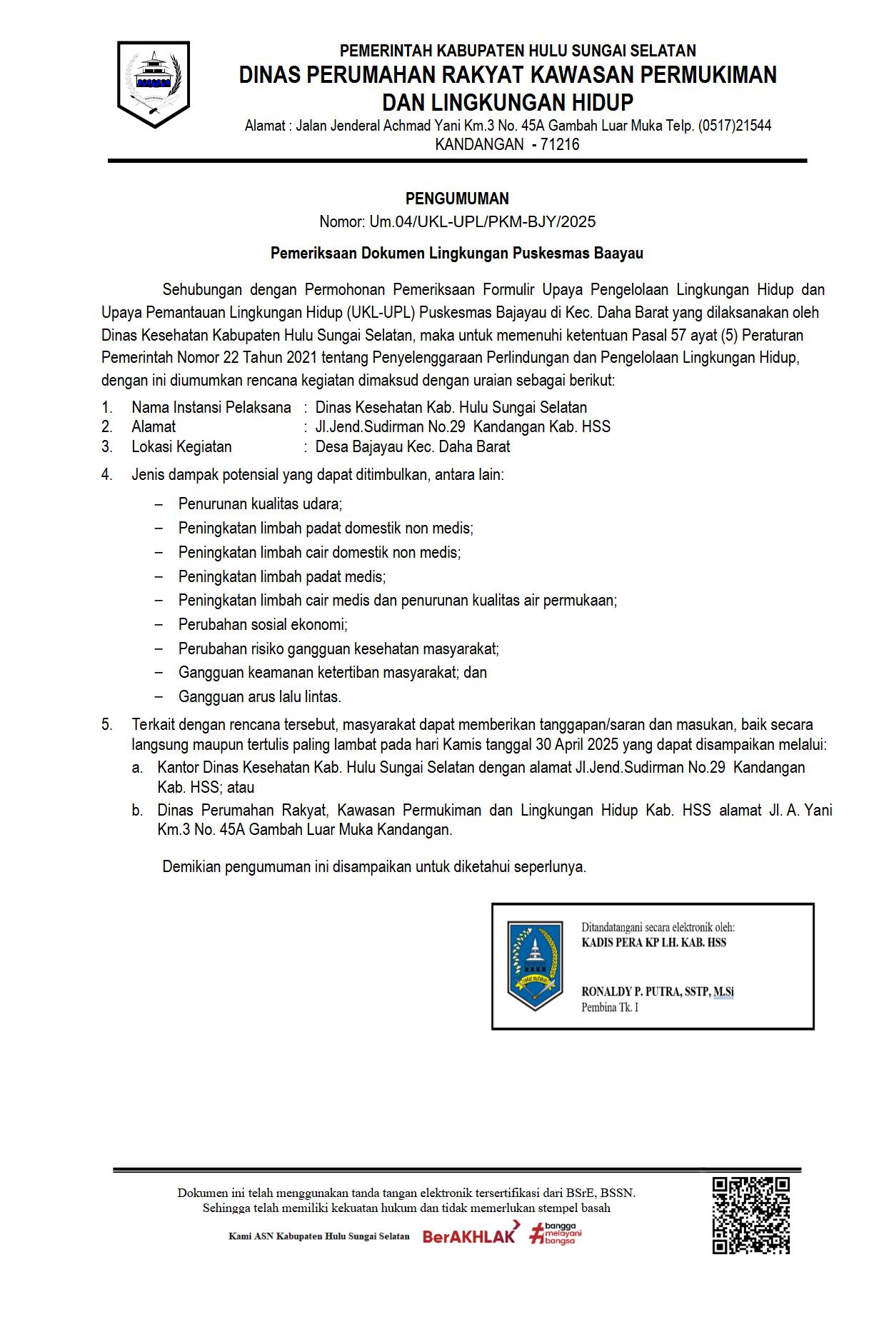 PENGUMUMAN PEMERIKSAAN UKL-UPL PUSKESMAS BAJAYAU DI KEC. DAHA BARAT