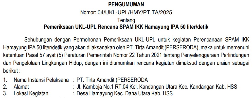 PENGUMUMAN PEMERIKSAAN UKL-UPL UNTUK KEGIATAN PERENCANAAN SPAM IKK HAMAYUNG IPA 50 LITER/DETIK